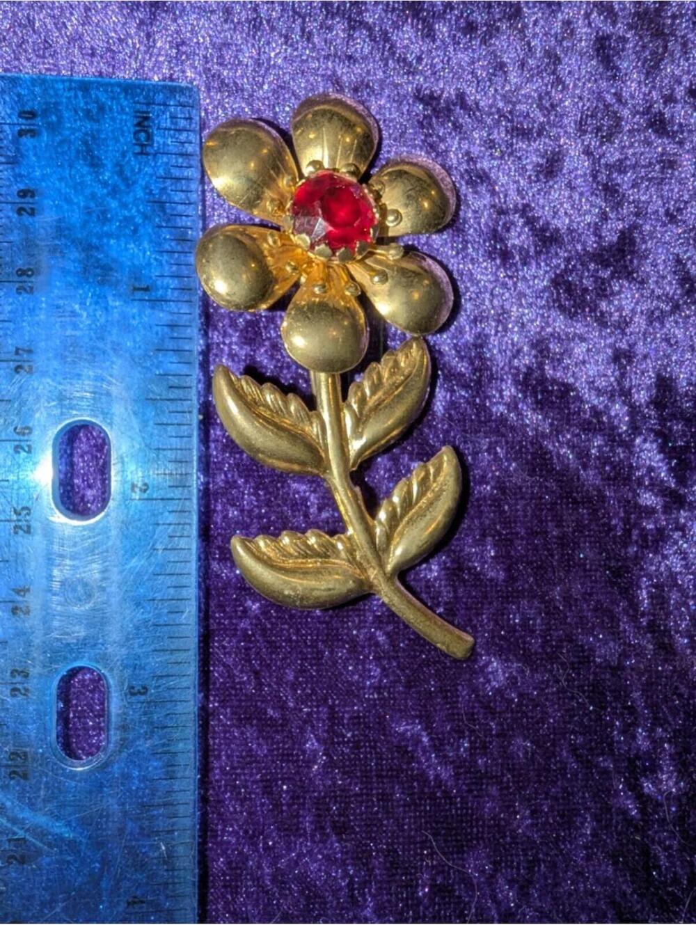 Vintage Gold-Tone Floral Brooch Pin with Red Center Stone